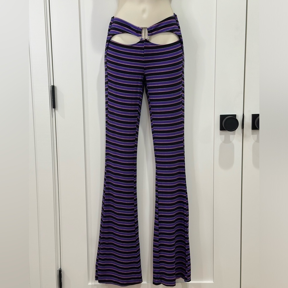 I AM GIA Carrie Cutout Flared Pants Striped Purple Size XS Party Emo Rock Rave - Picture 2 of 9